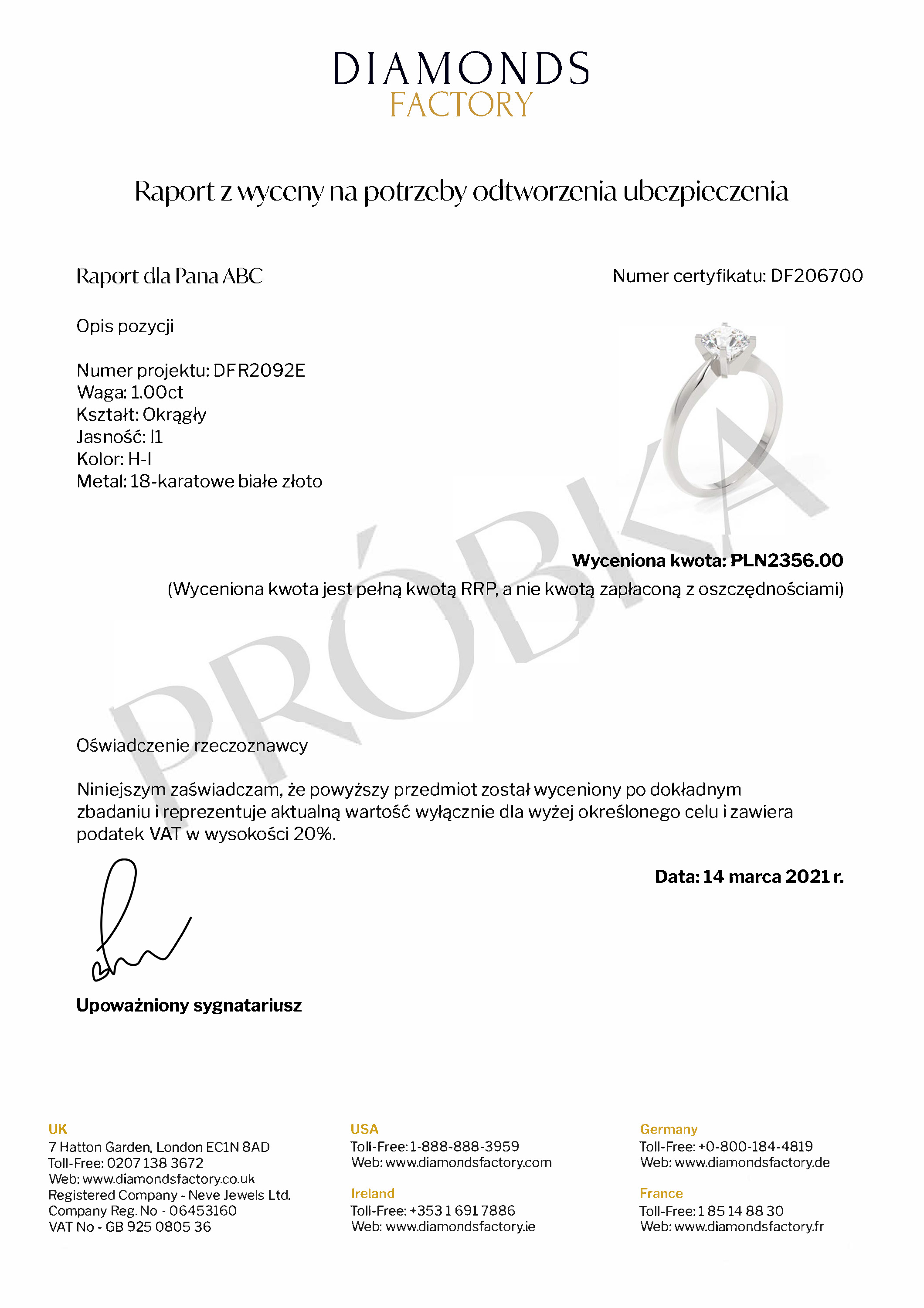 Valuation Certificate